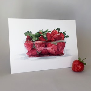 Carte aux fraises. Barquette de carte de voeux vierge de fraises. Impression de fruits. Anniversaire, merci, carte d'anniversaire pour amateur de cuisine