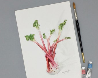 Rhubarb Watercolour Print, Kitchen Wall Art, Spring Vegetable Poster, Food Print, Pink Home Decor, Gift for Gardener / Food Lover