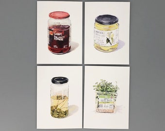 Food Illustration Cards, Peppadew Peppers, Caper Berries, Preserved Lemons, Salad Cress, Food Lover Gift