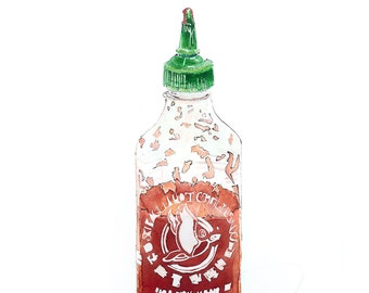 Sriracha Sauce. Print of an Original  Watercolour Painting. Hot Chilli Sauce Art. Kitchen Decor. Gift for Food Lover.