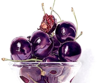 Bowl of Cherries Watercolour Print, Summer Fruit Poster, Purple Wall Decor, Anniversary Gift for Food Lover / Gardener