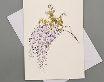 Carte de voeux glycine, fleurs printanières violettes, carte florale de fête des mères, cadeau pour jardinier.