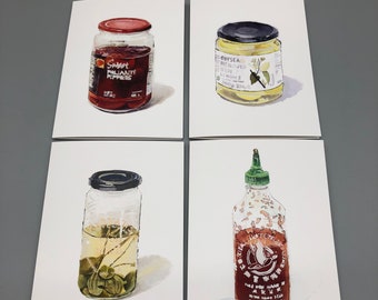 Set of 4 Notecards, Store Cupboard Ingredients, Peppadew Peppers, Preserved Lemons, Caper Berries, Sriracha Sauce, Food Lover Gift