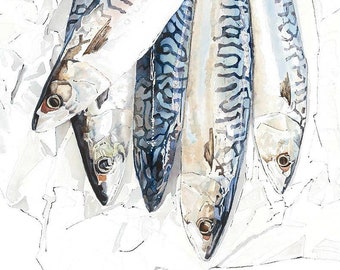Mackerel. Print of an Original Watercolour Painting. Blue Kitchen Wall Art. Beach House Decor. Food Lover Gift.