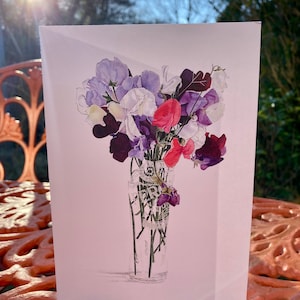 Süßer Erbsen Gruß, Karte, Cottage Garten Blumen, Botanische Illustration, Geschenk für Gärtner.
