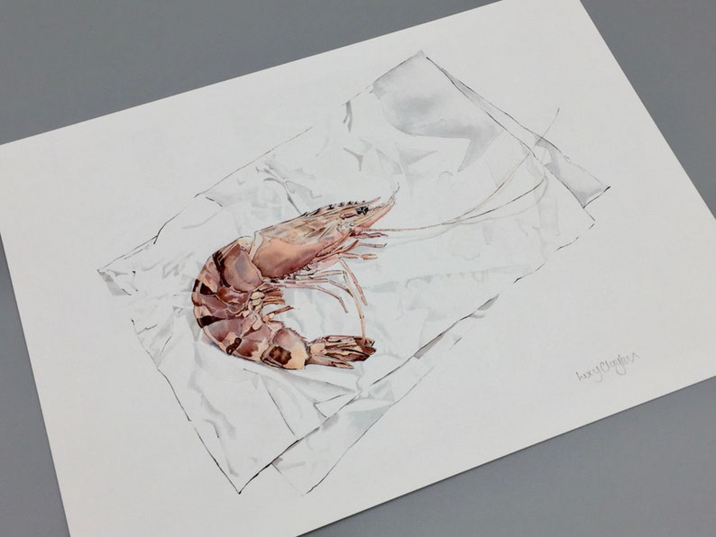 Tiger Prawn Print, Seafood Poster, Watercolour Shrimp Illustration, Pink Kitchen Art, Nautical Art Print, Food Lover Gift image 2