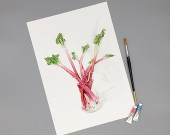 Rhubarb Print, Watercolour Vegetables, Pink Home Decor, Kitchen Art Poster, Garden Lover Gift, Botanical Print