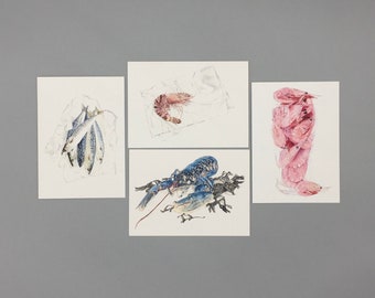Set of 4 Seafood Notecards, Mackerel, Tiger Prawn, Lobster, Pint of Prawns, Any Occasion Card, Food Lover Gift