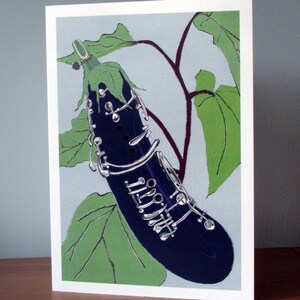 Aubergine Klarinette Karte, Gemüse Notecard, Musikliebhaber / Gärtner Karte