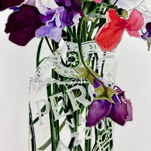 detail of watercolour painting showing green  flower stalks and sweet peas in a beer glass with lettering