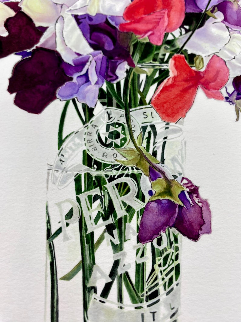 detail of watercolour painting showing green  flower stalks and sweet peas in a beer glass with lettering