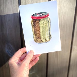 Gurken. Gurkenglas. Leere Grußkarte eines Original Aquarellgemäldes. Geburtstagsgeschenk für Food Lover / Gärtner