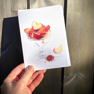 Pêches et crème. Carte de voeux vierge représentant une aquarelle originale. Cadeau d'anniversaire pour amateur de cuisine / jardinier
