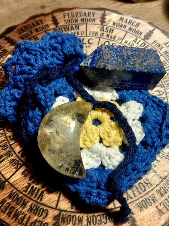 crystal duo with crocheted pouch, citrine moon, lapis Lazuli tower, crystal bundle