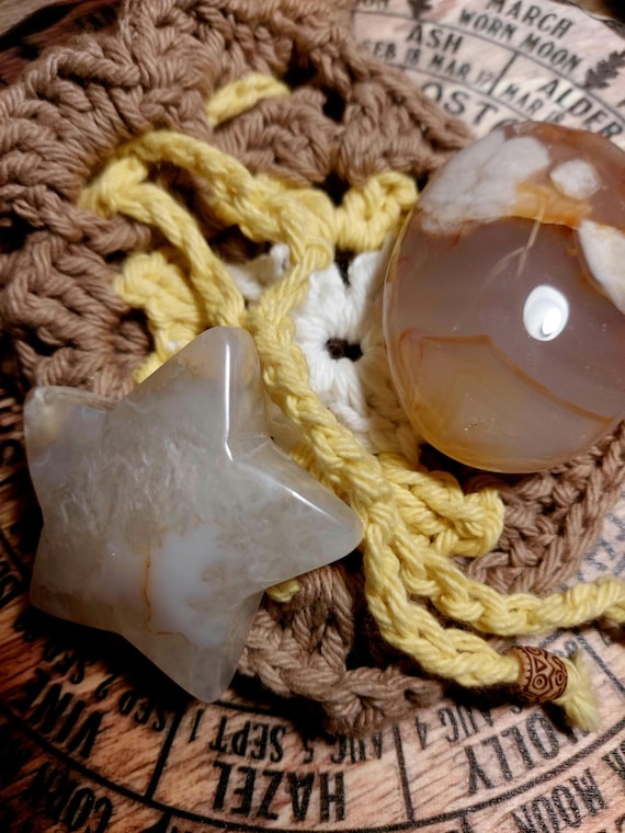 crystal duo crochet pouch, flower agate crystal, star crystal
