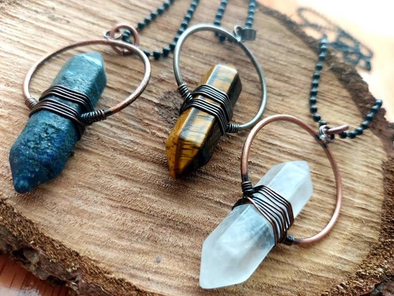 Crystal Necklace, Double Point Crystal, Pendulum Necklace, Wire Wrapped Crystal Pendant