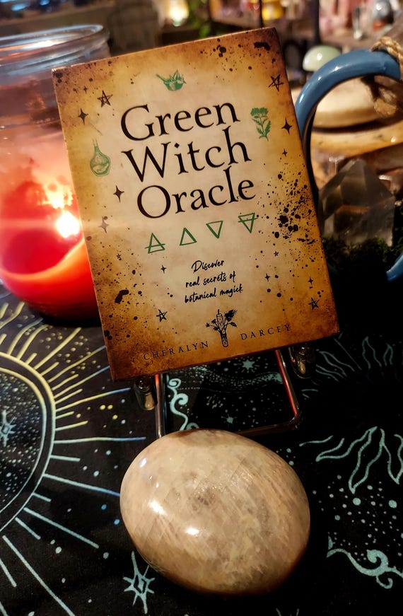Green Witch Oracle and Moonstone Crystal Set, Oracle Cards Tarot Deck, Moonstone Palmstone Crystal