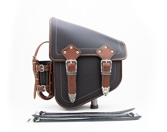 Motorcycle Swingarm Bag: Black & Brown Leather Saddlebag