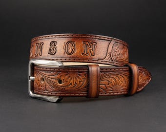 Personalized Tooled Leather Western Belt, Sunflower Design
