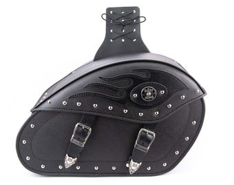 Motorcycle Leather Saddle Bags, Studded Flame Design, Pair Luggage Side Bags