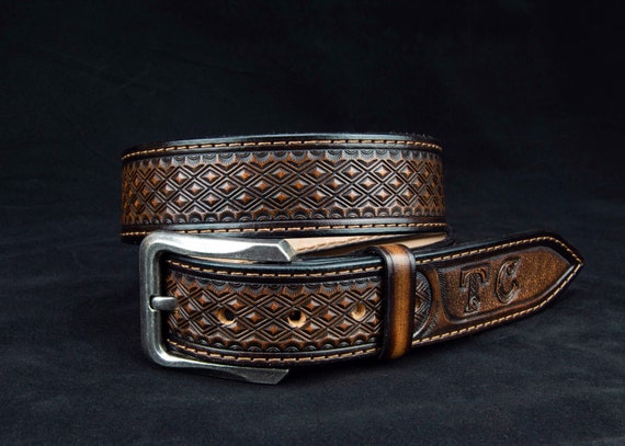Personalized Diamonds Tooled Leather Belt Western Mens - Custom Western Leather Belts Personalized Diamonds Tooled Leather Belt Western Mens - Custom Western Leather Belts
