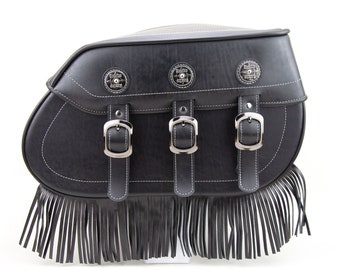 Motorcycle Leather Saddle Bags, Black Fringe Panniers, Waterproof Genuine Luggage