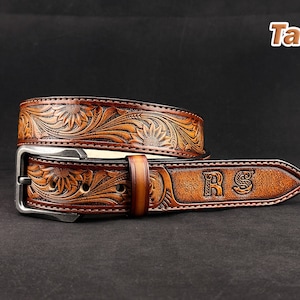 White Flower Hand Carved Leather Western Belt - Etsy