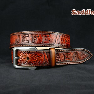 Personalized Flowers Tooled Leather Belt Western belt, mens western belt, cowboy belt, custom leather belts, handmade leather belts