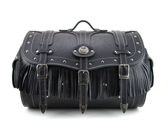 Leren sissybar-tas voor motor: zwart bagagerek met franje