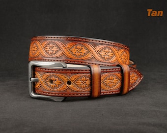Personalized Sunflower Tooled Leather Western Belt - Handmade