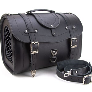 Portable Black Genuine Leather PU Leather Outdoor Pet Cat Dog Carrier Personalized Bag, Side Loaded Travel Bag, Dog Carrier Tote