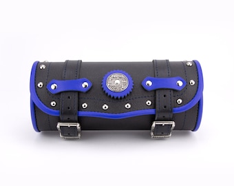 Leather Motorcycle Handlebar Tool Bag, Black & Blue, Chrome Studs