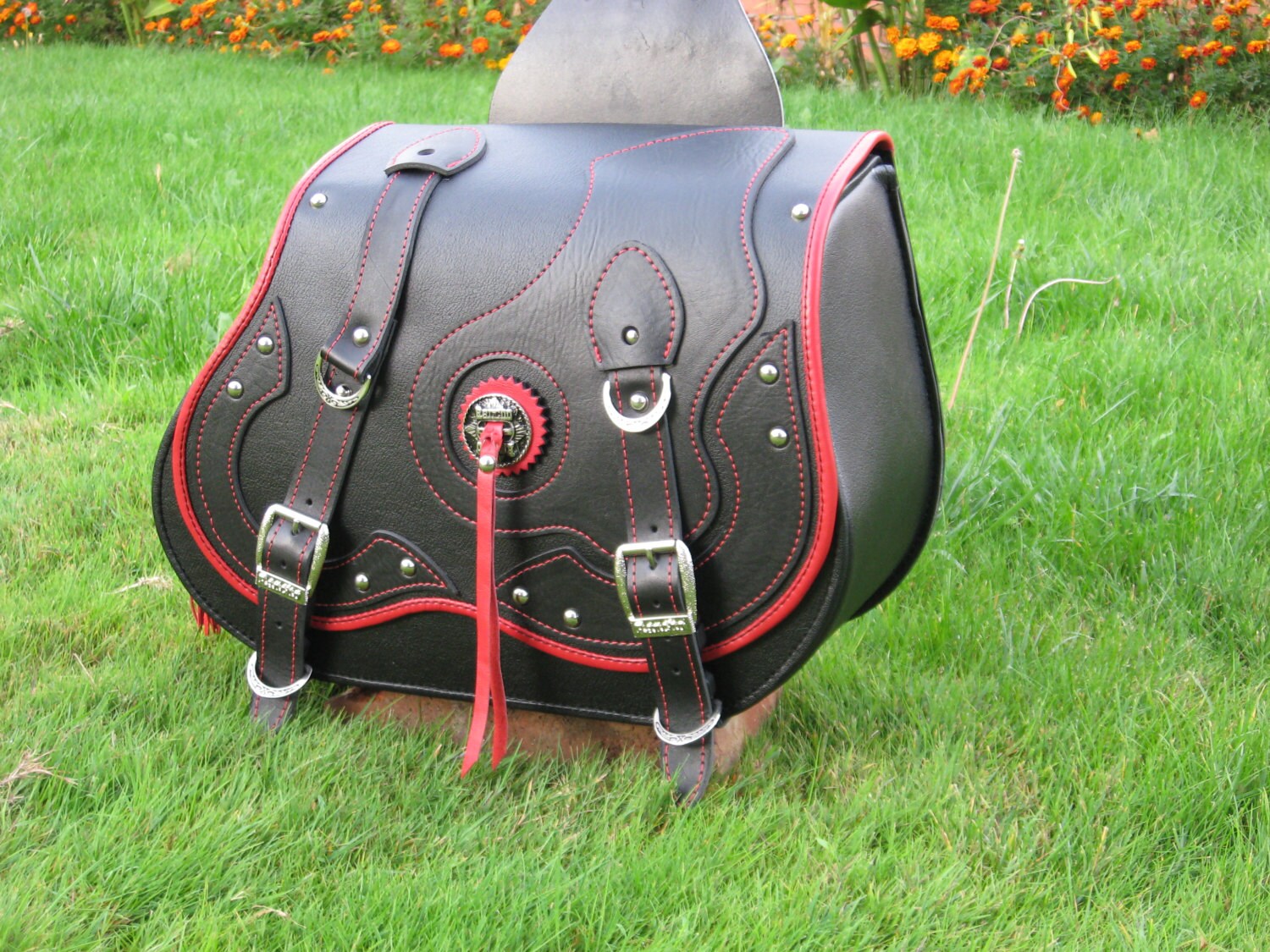 Motorcycle Saddle Bags Dakota Black Red Genuine Leather Etsy