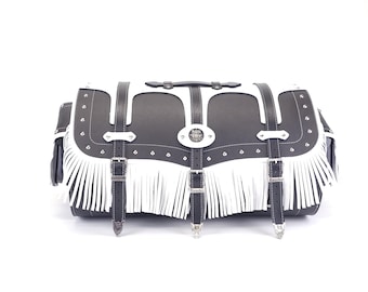 Genuine Leather Motorcycle Sissy Bar Bag, Black White Fringe Luggage (13"x15"x24")