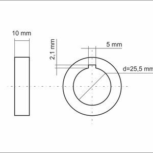 May include: A black and white line drawing of a washer with dimensions labeled in millimeters. The washer has an outer diameter of 25.5 mm, an inner diameter of 5 mm, and a thickness of 2.1 mm. The washer is shown next to a rectangular shape with a width of 10 mm and a height of 2.1 mm.
