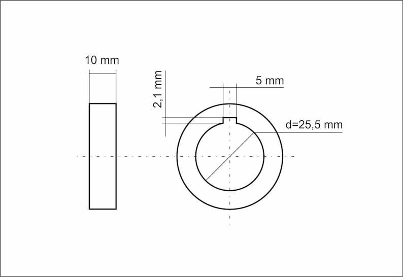 May include: A black and white line drawing of a washer with dimensions labeled in millimeters. The washer has an outer diameter of 25.5 mm, an inner diameter of 5 mm, and a thickness of 2.1 mm. The washer is shown next to a rectangular shape with a width of 10 mm and a height of 2.1 mm.