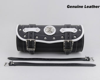 Waterproof Leather Motorcycle Handlebar Bag: Chrome Studded Fork Tool Bag