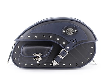 Motorcycle Saddle Bags, Genuine Waterproof Leather, Black Navy Blue, Rancho Style