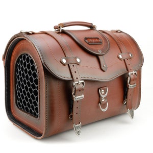 Pet Carrier Bag with Your Pet&#39;s Name, Side Loaded Travel Bag, Genuine Leather Pet Bag, Brown Dog Carrier Bag, Portable Pet Carrier Bag