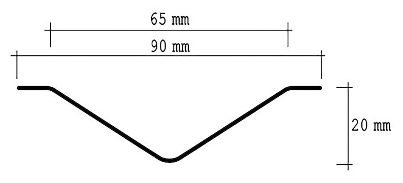 May include: A black metal V-shaped profile with measurements of 90 mm wide, 65 mm long, and 20 mm high.