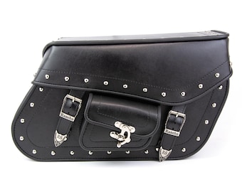 Motorcycle Saddle Bags, Genuine Leather, Black, Studded, Rancho Style Pair