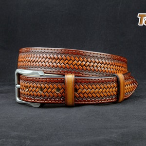 Basket Weaving Tooled Leather Belt, western belt, mens western belt, cowboy belt, custom leather belts, handmade leather belts Hand crafted