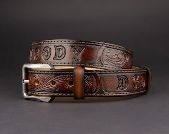 Personalized Tooled Leather Western Belt, Cowboy Style