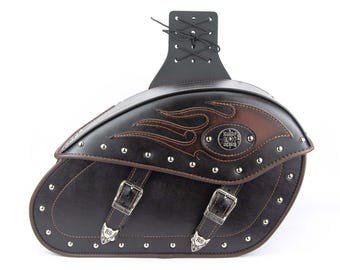 Genuine Leather Motorcycle Saddle Bags, Harley Rancho Style Flame Design Side Bags