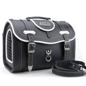 Portable Black/White Genuine Leather PU Leather Outdoor Pet Cat Dog Carrier Personalized Bag, Side Loaded Travel Bag, Dog Carrier Tote