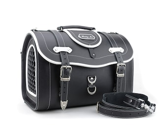 Mini transportín de cuero para mascotas: bolso de viaje con carga lateral en blanco y negro