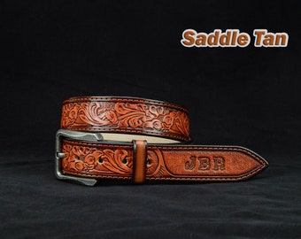 Personalized Flowers Tooled Leather Belt, western belt, mens western belt, cowboy belt, custom leather belts, handmade leather belts