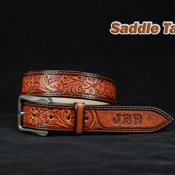 Personalized Flowers Tooled Leather Belt, western belt, mens western belt, cowboy belt, custom leather belts, handmade leather belts