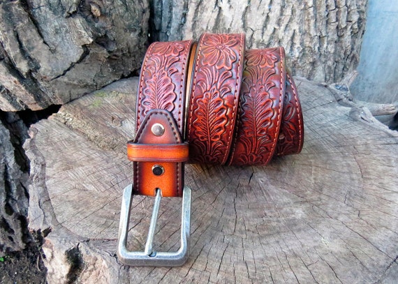 mens tooled leather belts