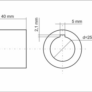 May include: A line drawing of a square with a side length of 40 mm and a circle with a diameter of 25.5 mm. The circle has a smaller circle inside with a diameter of 5 mm. The circle is 2.1 mm thick.